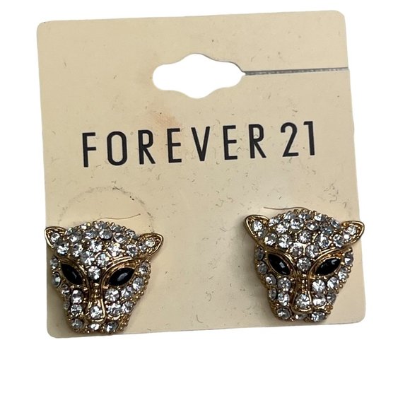 Forever 21 Pave Panther Earrings Gold Tone Black Clear Rhinestones NWT - Picture 2 of 5